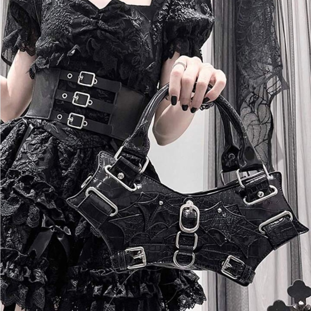 Rock Steampunk Style Rivet Satchel Handbag, Gothic Bat Wing Shape​ - Picture 3 of 8